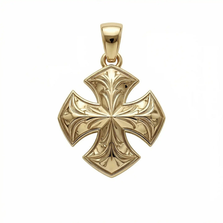 Maltese cross pendant with engraved ornamental design displayed on white background.