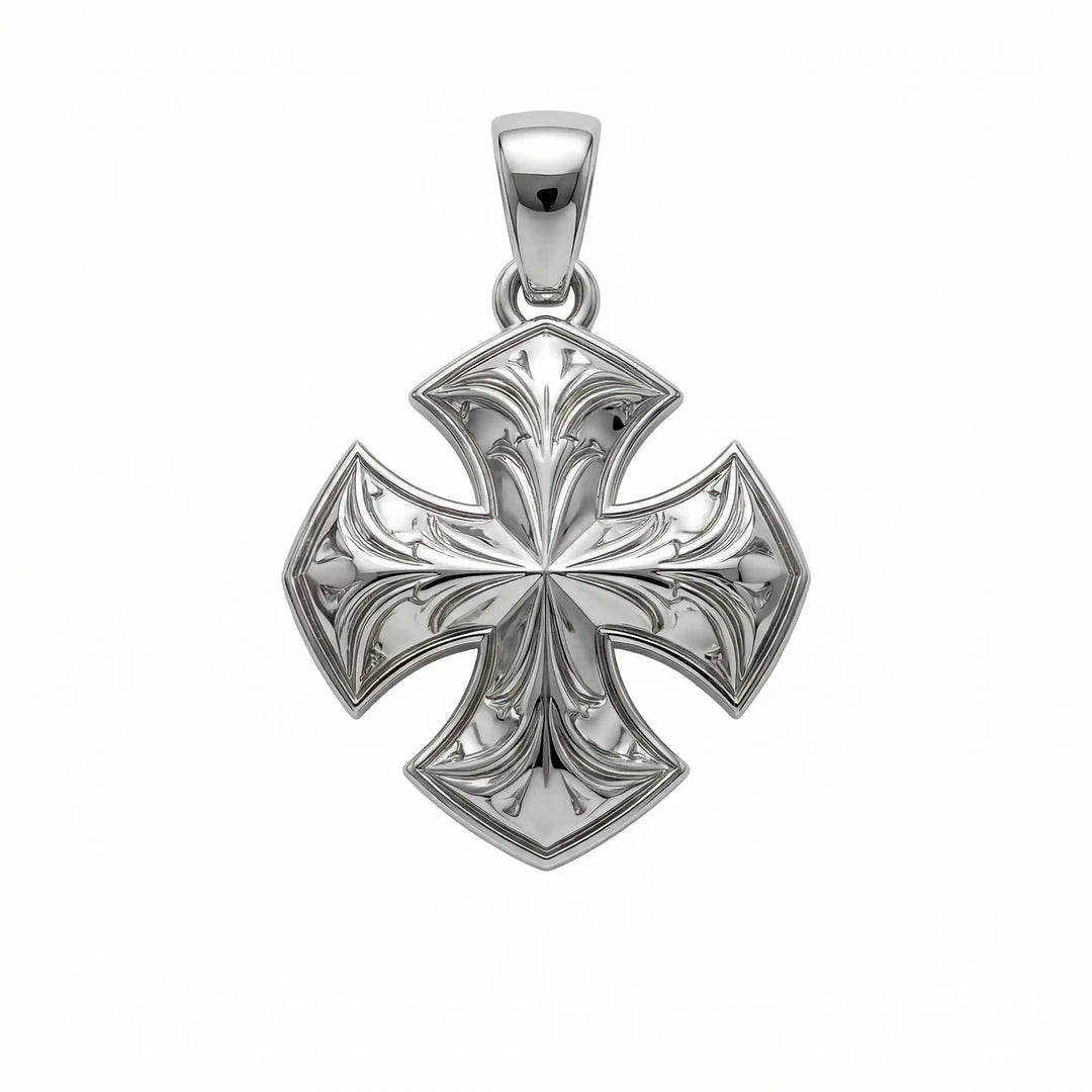 Maltese cross pendant with engraved ornamental design displayed on white background.