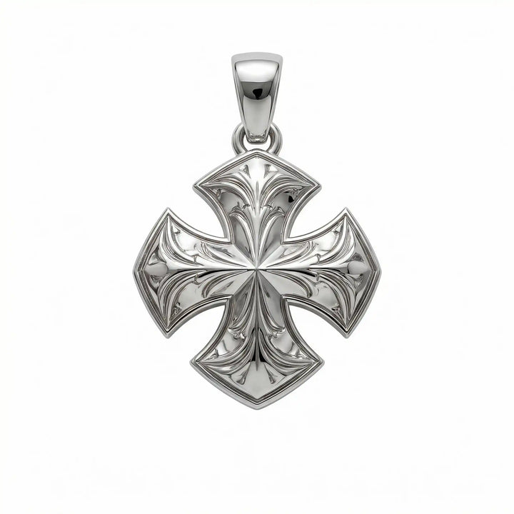 Maltese cross pendant with engraved ornamental design displayed on white background.