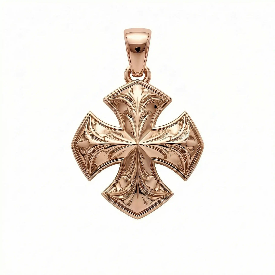 Maltese cross pendant with engraved ornamental design displayed on white background.