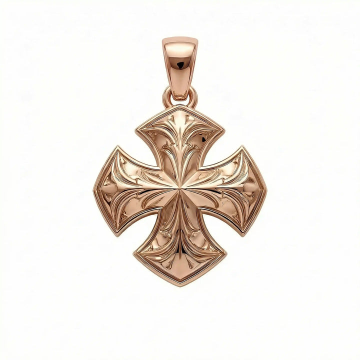 Maltese cross pendant with engraved ornamental design displayed on white background.
