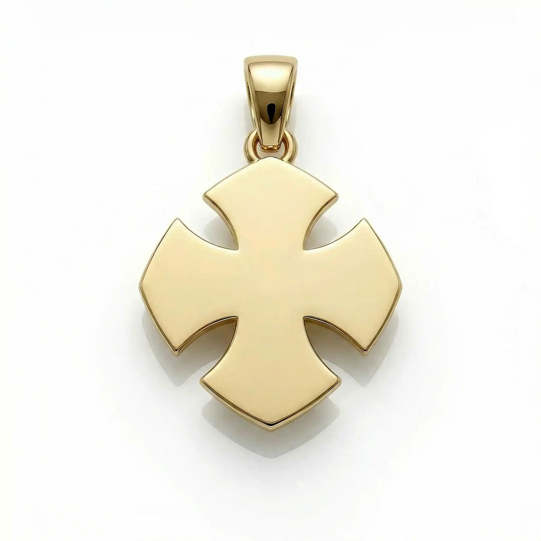 Maltese cross pendant with engraved ornamental design displayed on white background.
