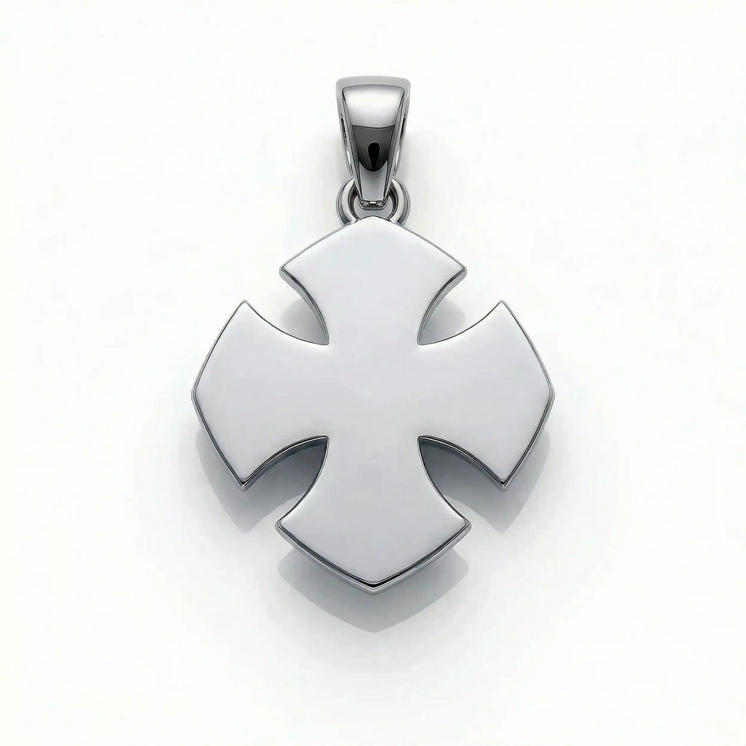 Maltese cross pendant with engraved ornamental design displayed on white background.