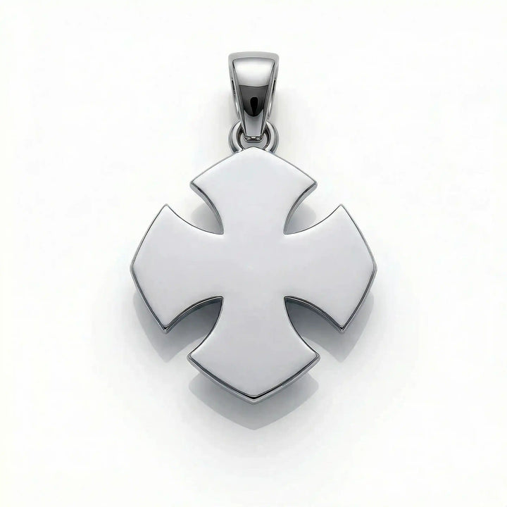 Maltese cross pendant with engraved ornamental design displayed on white background.