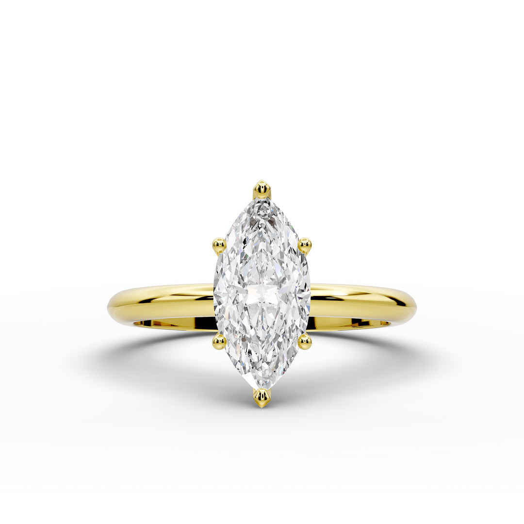 Marquise diamond six-prong solitaire engagement ring shown on a classic polished band.