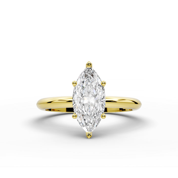 Marquise diamond six-prong solitaire engagement ring shown on a classic polished band.