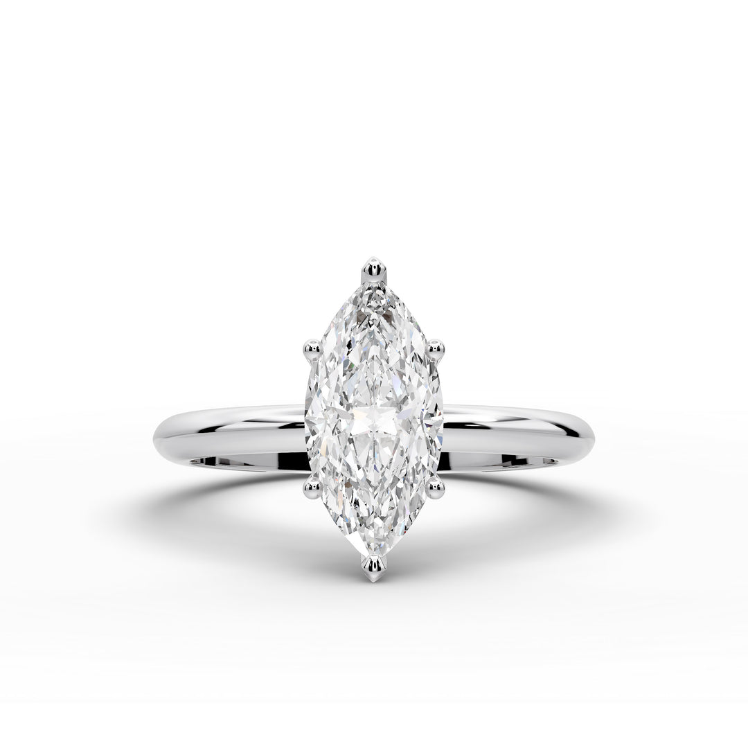 Marquise diamond six-prong solitaire engagement ring shown on a classic polished band.