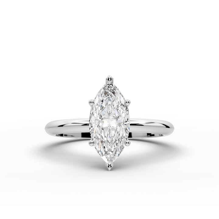 Marquise diamond six-prong solitaire engagement ring shown on a classic polished band.