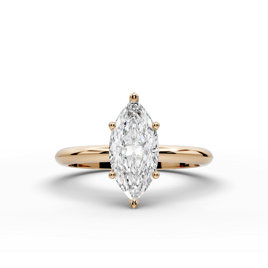 Marquise diamond six-prong solitaire engagement ring shown on a classic polished band.