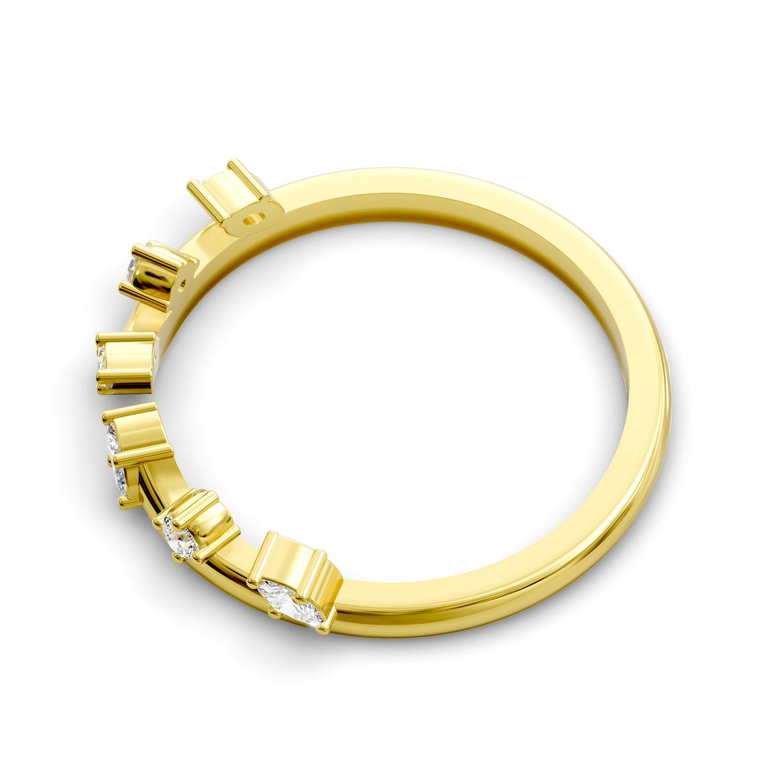 Curved open band with marquise and round diamonds set in a modern gold design