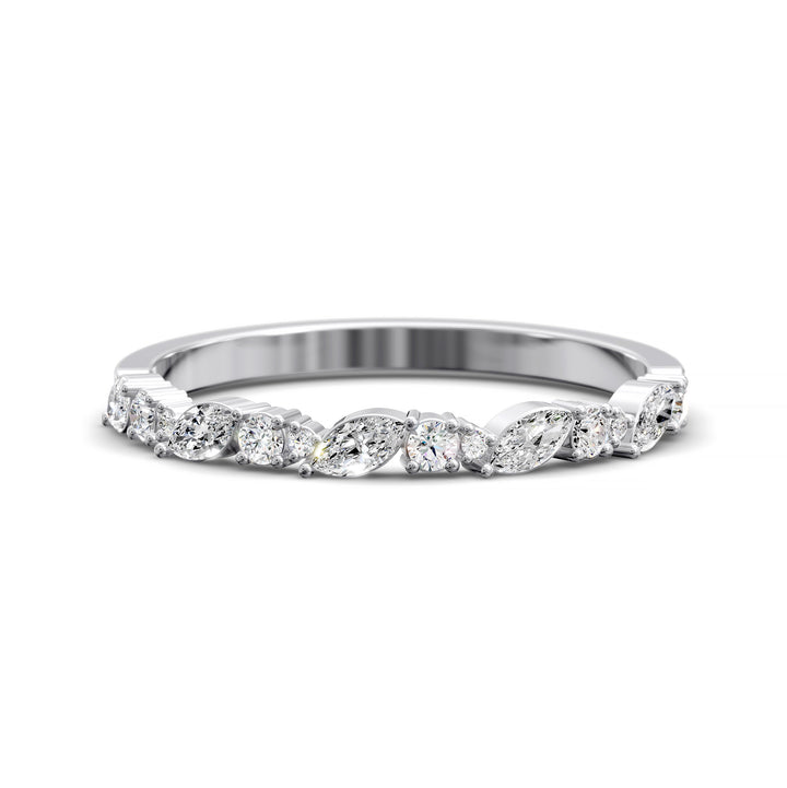 Wedding band with alternating marquise and round diamonds in prong setting