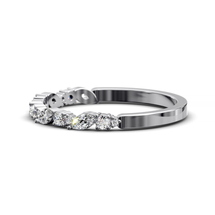 Wedding band with alternating marquise and round diamonds in prong setting