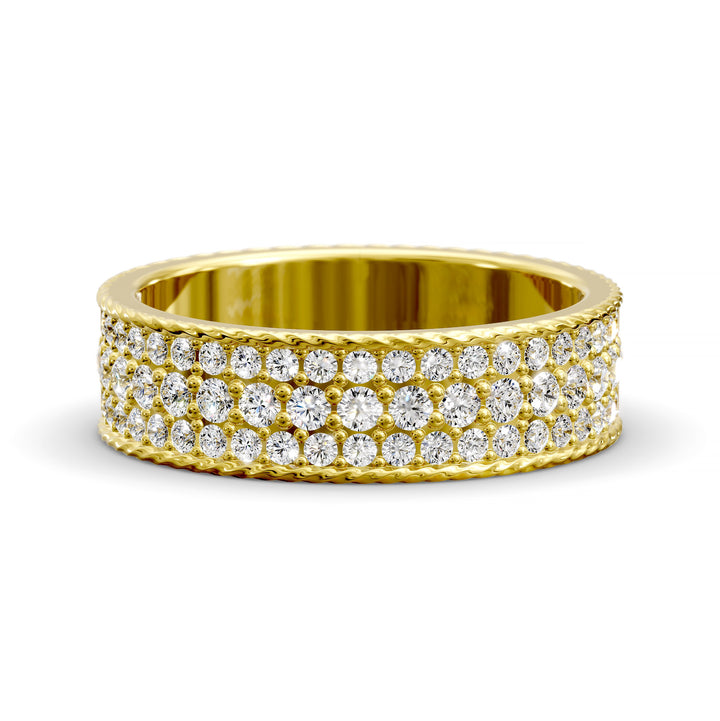 Wide diamond band with three rows of round stones and braided rope edges