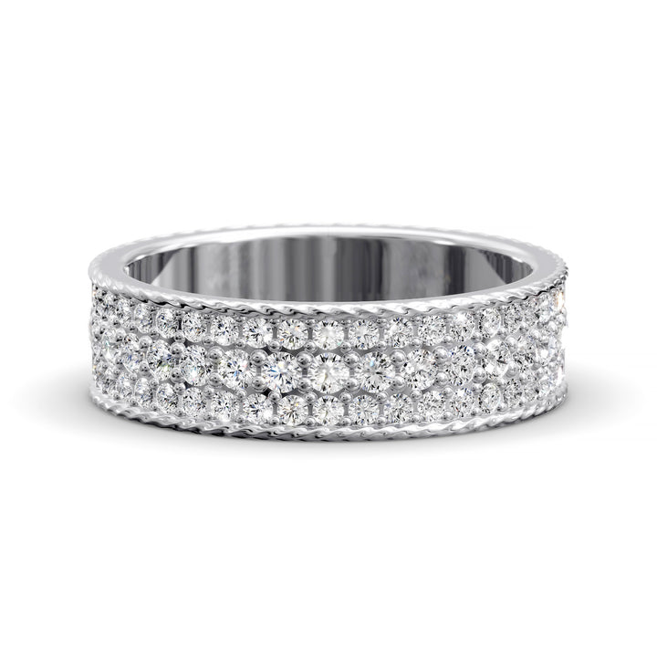 Wide diamond band with three rows of round stones and braided rope edges