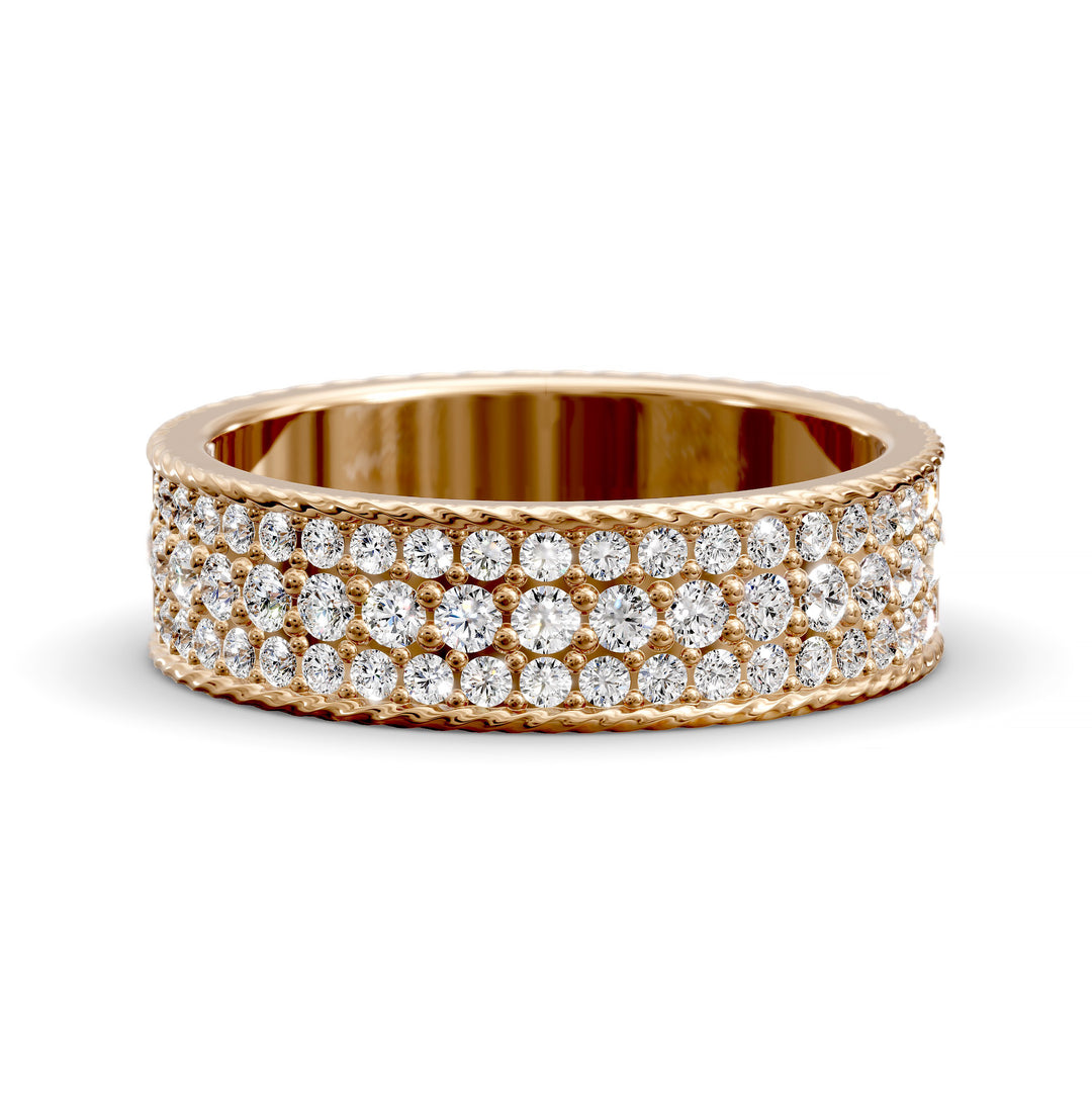Wide diamond band with three rows of round stones and braided rope edges