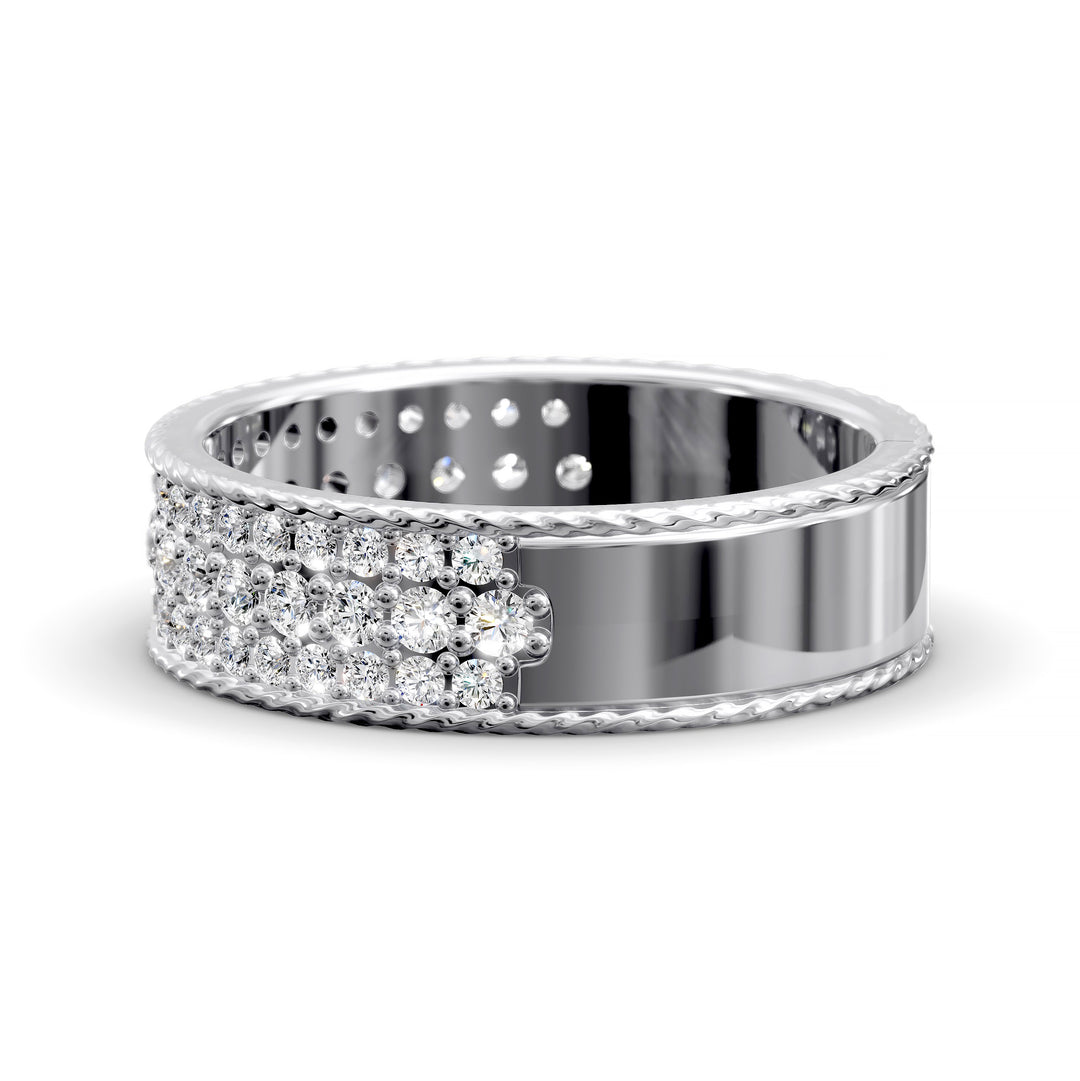 Wide diamond band with three rows of round stones and braided rope edges