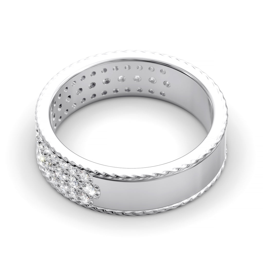 Wide diamond band with three rows of round stones and braided rope edges