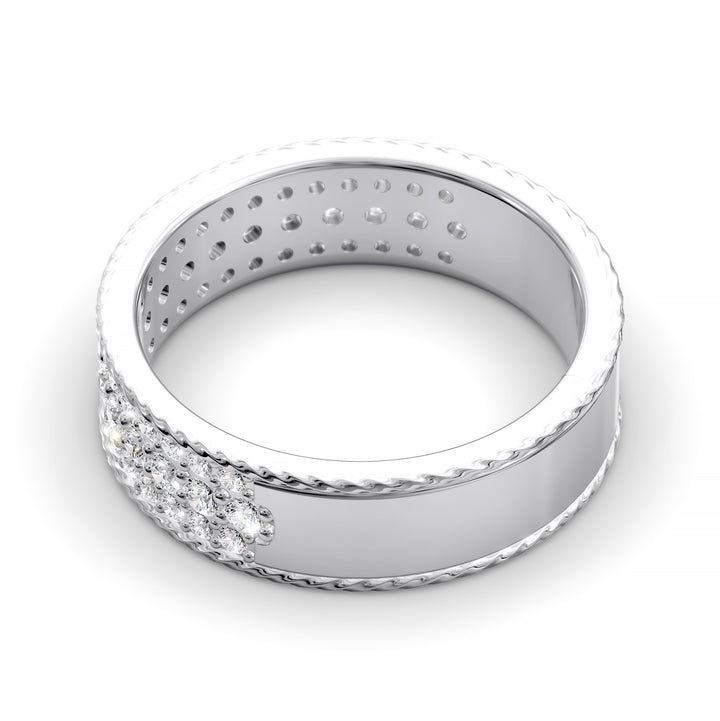 Wide diamond band with three rows of round stones and braided rope edges