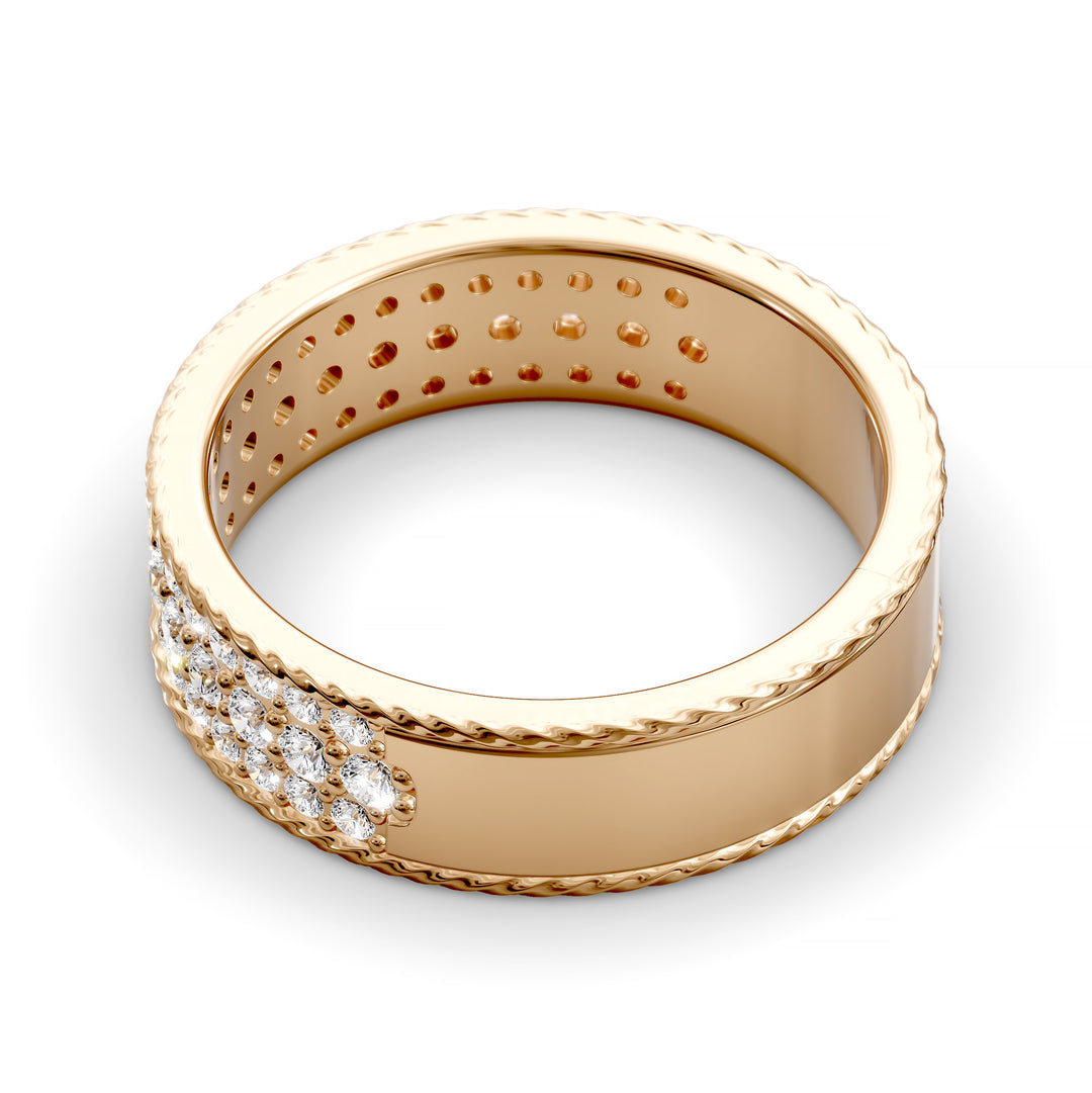 Wide diamond band with three rows of round stones and braided rope edges