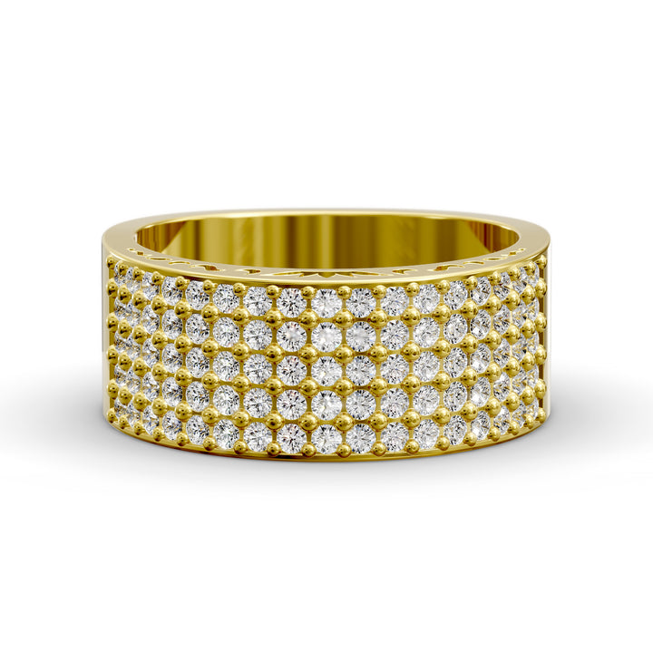 Wide multi row diamond pavé gold band with intricate inner detailing