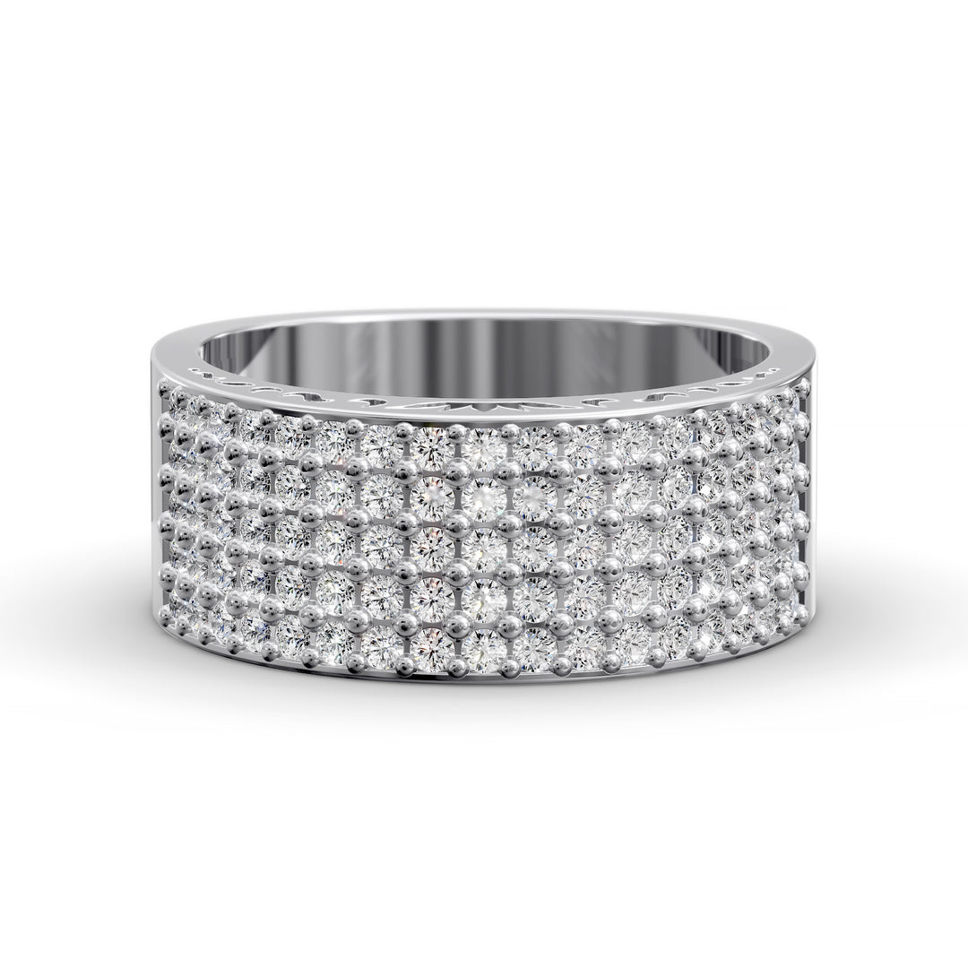 Wide multi row diamond pavé gold band with intricate inner detailing