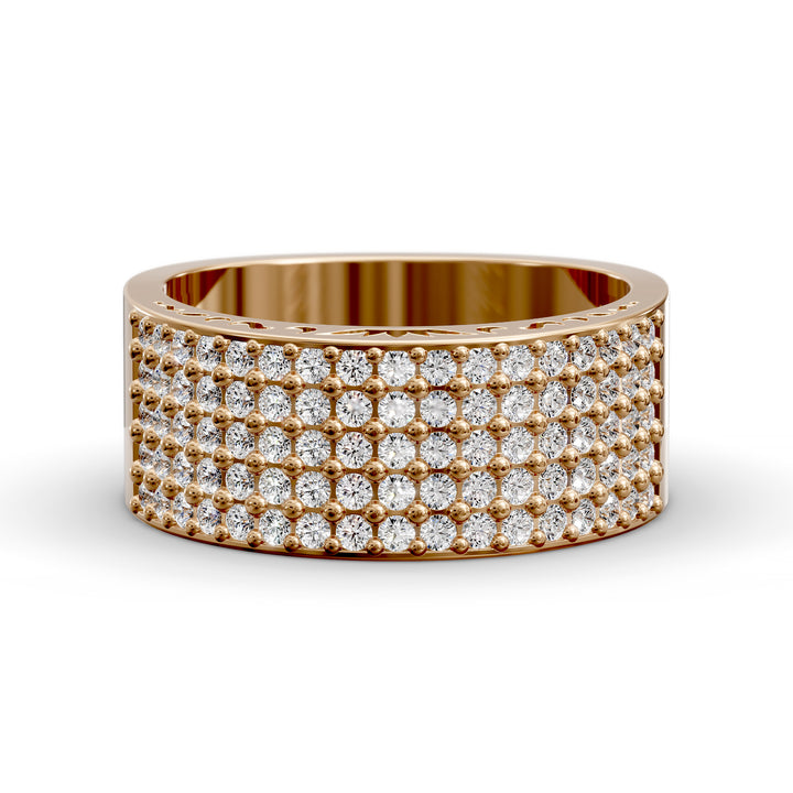 Wide multi row diamond pavé gold band with intricate inner detailing