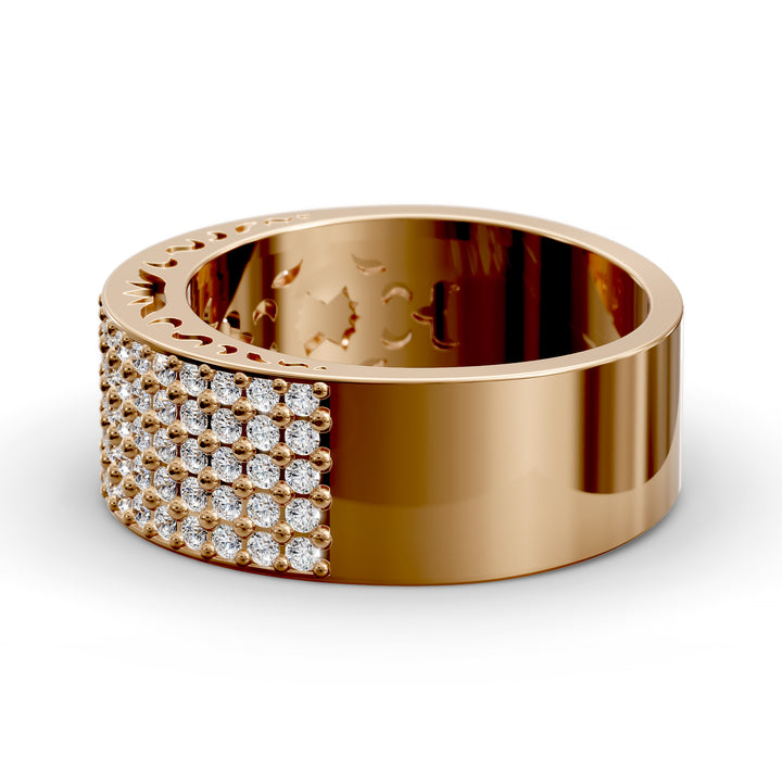 Wide multi row diamond pavé gold band with intricate inner detailing