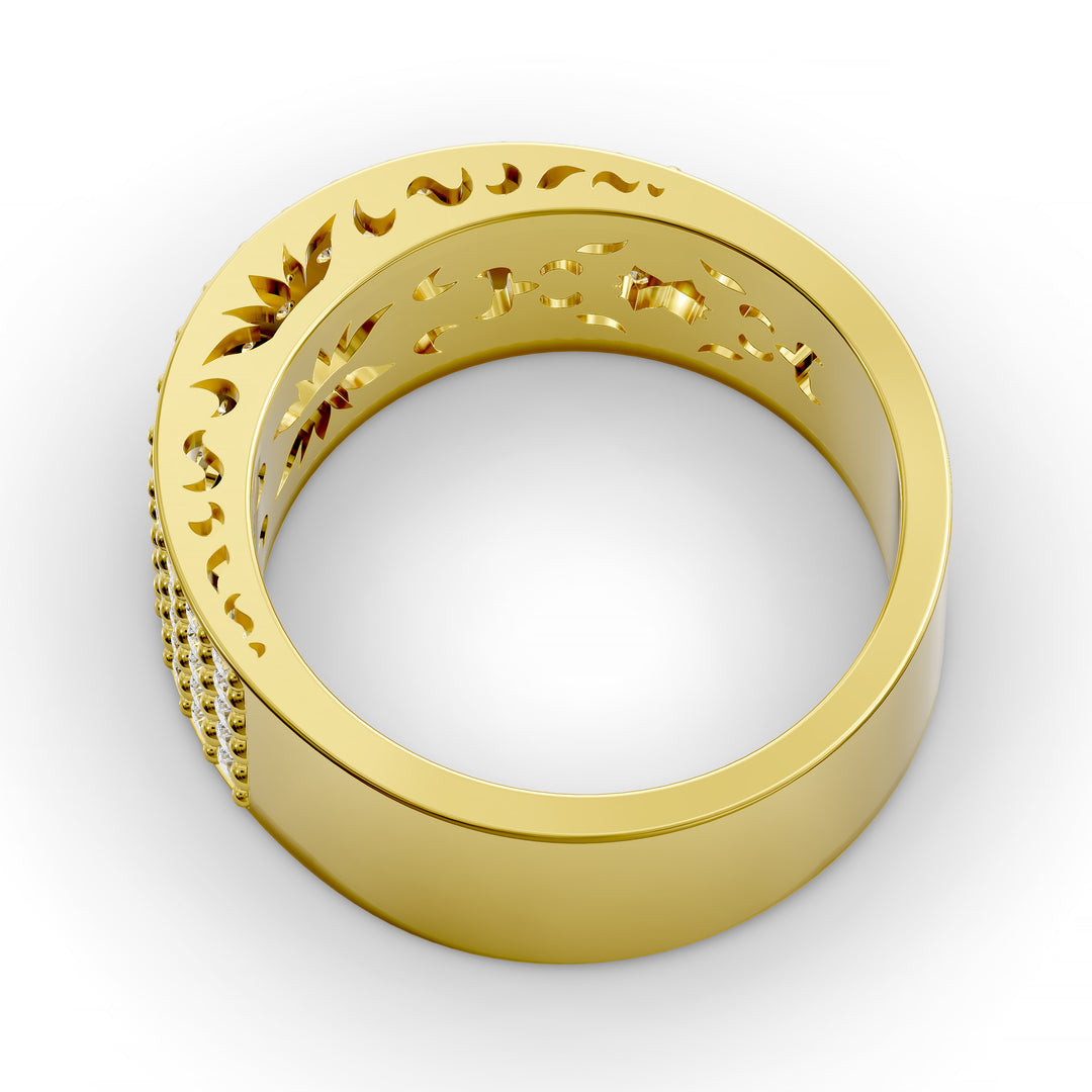 Wide multi row diamond pavé gold band with intricate inner detailing