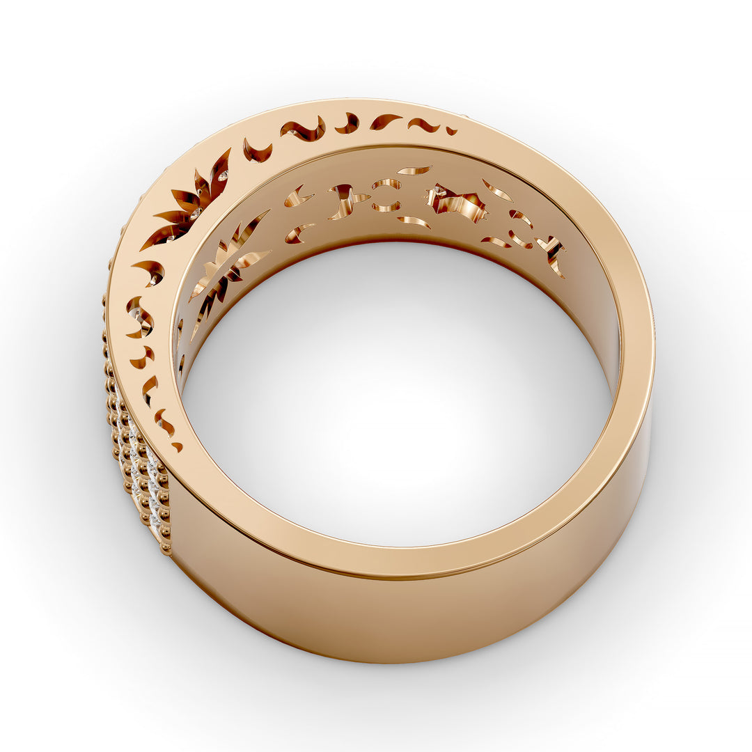 Wide multi row diamond pavé gold band with intricate inner detailing