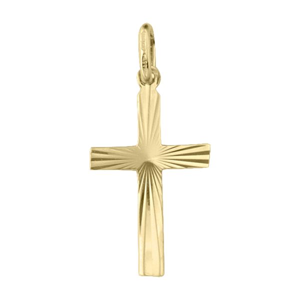 10K yellow gold cross pendant with starburst engraving and polished finish