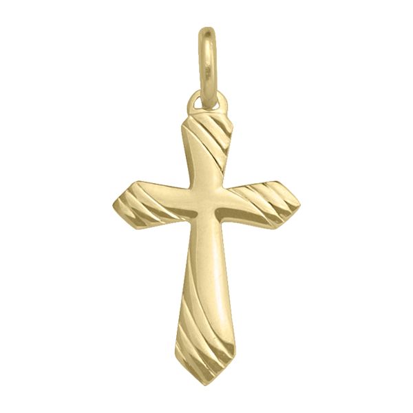 14K or 18K yellow gold curved cross pendant with textured diagonal ends