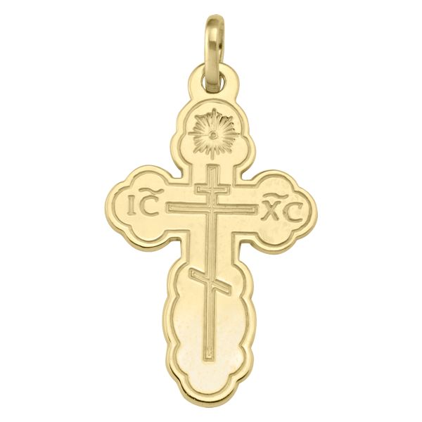 Large yellow gold Orthodox cross pendant with IC XC inscription and sunburst design

