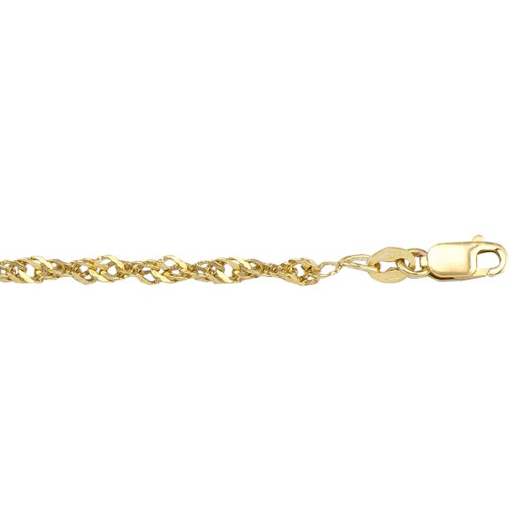 10K yellow gold solid Singapore link bracelet, 2.3mm width, 7" length, with a lobster clasp.
