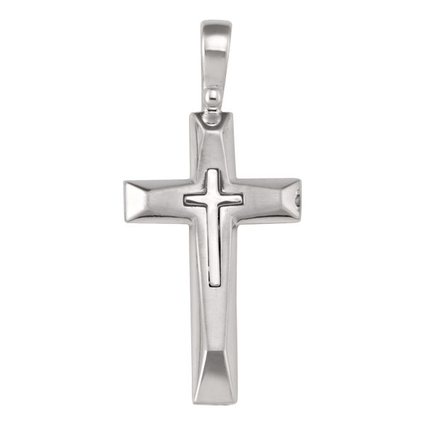 14k White Gold gold beveled cross pendant with recessed inner cross design

