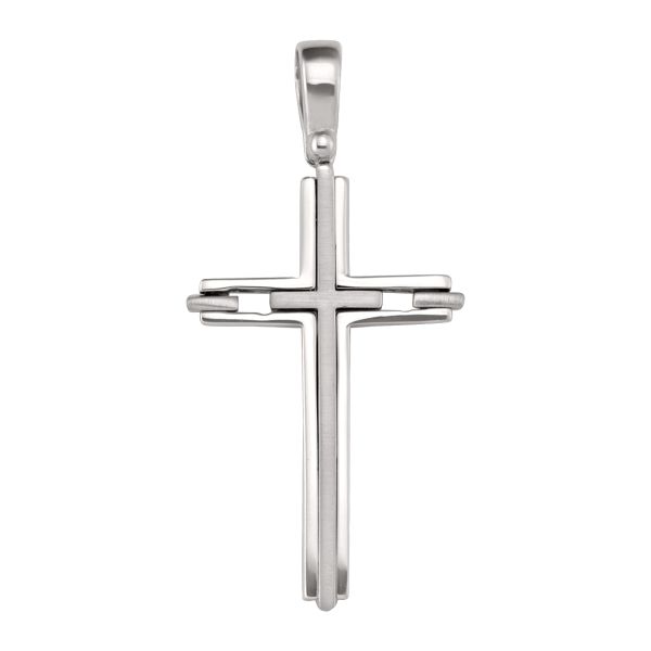 14k White Gold gold double layer cross pendant with brushed and polished finish