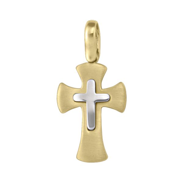 Two-tone gold cross pendant with white gold inlay on brushed yellow gold base
