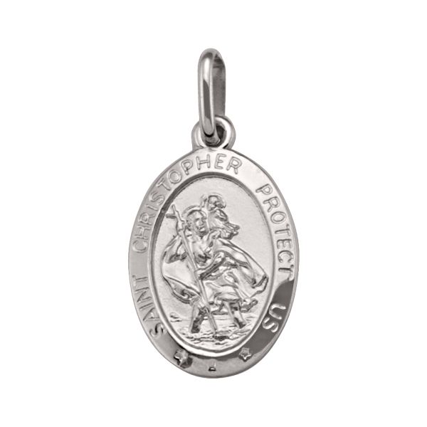 14K White Gold St. Christopher Medal, oval-shaped with engraving "Saint Christopher Protect Us," 16.4mm x 12.1mm.