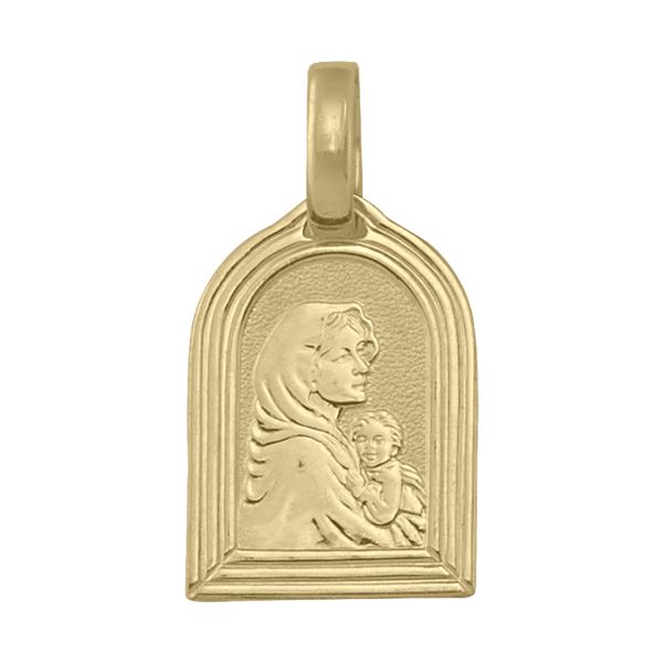 18K yellow gold Madonna medal, arched frame with Madonna and Child design, 20.1mm height, 14mm width.