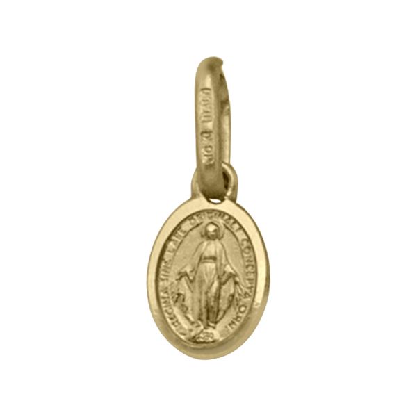 10K yellow gold Miraculous Medal, oval-shaped with intricate detailing, 7.3mm height and 6mm width.