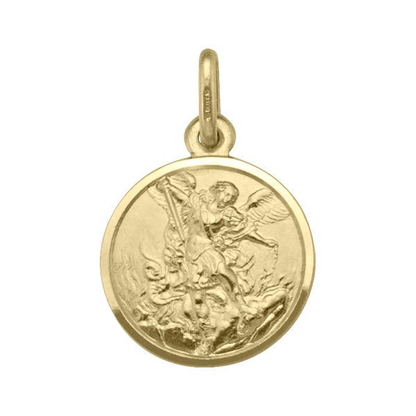 18K Yellow Gold St. Michael Medal with intricate design and polished finish, 15mm diameter.