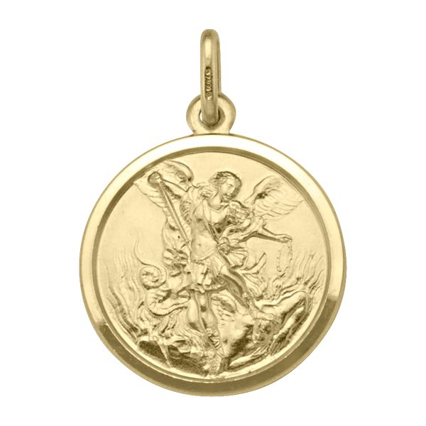 18K Yellow Gold St. Michael Medal, 19mm, featuring intricate design and polished finish.