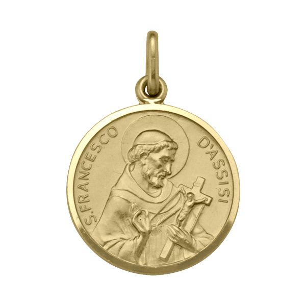 18K Yellow Gold St. Francis Medal, 19mm, with St. Francis holding a crucifix and "S. Francesco D'Assisi" engraving.