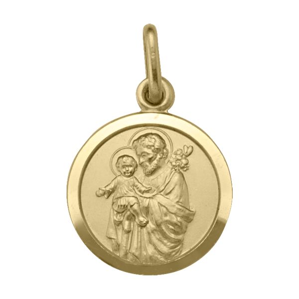 18K Yellow Gold St. Joseph Medal, 15mm, featuring intricate engraving of St. Joseph with Christ.