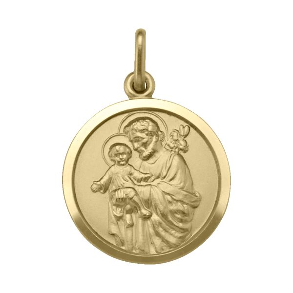 18K Yellow Gold St. Joseph Medal, 19mm, featuring St. Joseph with Christ. Intricate religious engraving in solid yellow gold.