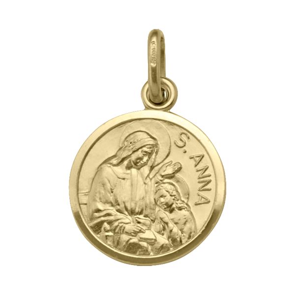 18K Yellow Gold St. Anne Medal, 15mm, with engraved St. Anne and Virgin Mary, inscribed with "S. Anna.