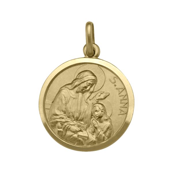 18K Yellow Gold St. Anne Medal, 19mm, with St. Anne teaching Virgin Mary, engraved with "S. Anna.