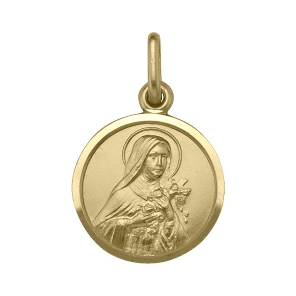 18K Yellow Gold St. Teresa Medal, 15mm, engraved with St. Teresa holding roses and a cross.