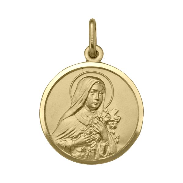 18K Yellow Gold St. Teresa Medal, 19mm, engraved with St. Teresa holding roses and a cross.