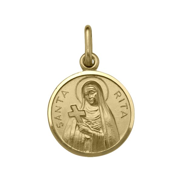 18K Yellow Gold St. Rita Medal, 15mm, engraved with St. Rita holding a cross.