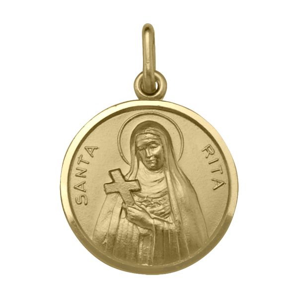 18K Yellow Gold St. Rita Medal, 19mm, engraved with St. Rita holding a cross.